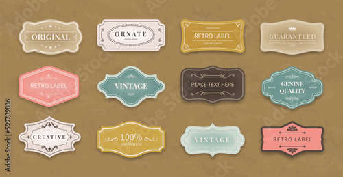 Label frame. Retro border design. Ornate flourish pattern. Vintage sign. Logo sticker elements with decor and ribbon. Quality guarantee card. Art deco tags set. Vector template collection