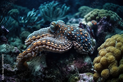 A large octopus at the bottom of the sea between coral reefs, generative AI. © Niko_Dali