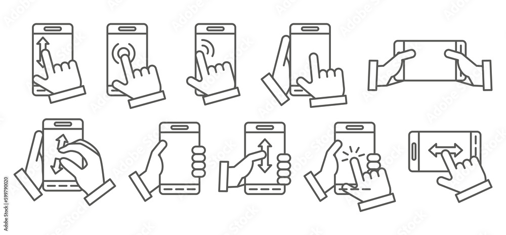 Tap and press on smartphone black icons. Mobile screen touching with fingers. Application control. Cellphone in arms. Pressing or pointing by touchscreen. Vector phone line pictograms set
