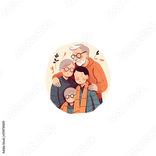 illustration of grand grandson hugging his grandparents. Grandparents' Day . modern flat color 
