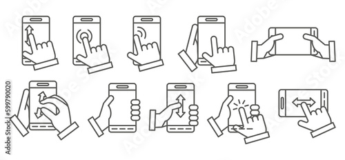 Tap and press on smartphone black icons. Mobile screen touching with fingers. Application control. Cellphone in arms. Pressing or pointing by touchscreen. Vector phone line pictograms set