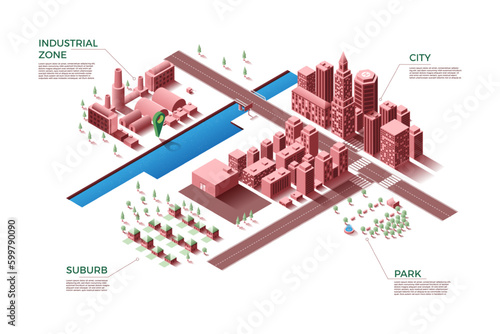 Isometric city. 3D business map with districts zone. Modern buildings and highways. Streets and plants. Suburb houses. Downtown skyscrapers. Industrial area. Vector cityscape illustration