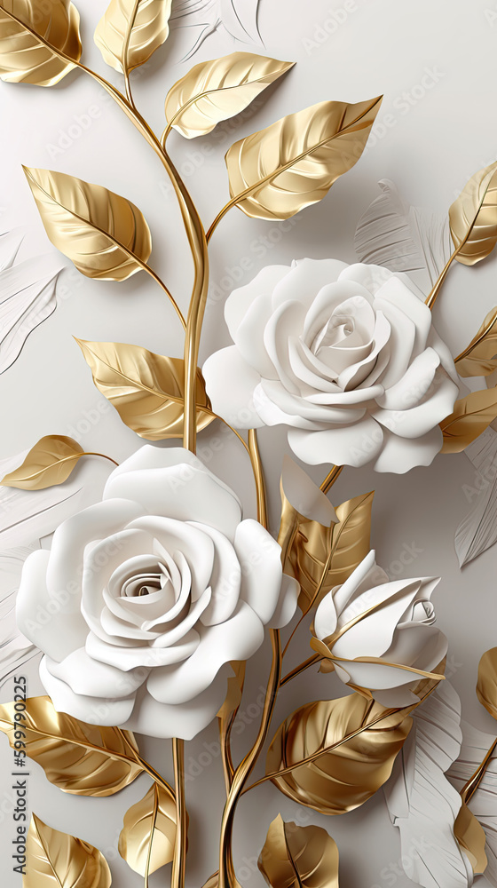 3d wallpaper floral tree background with white flower leaves and golden stem. interior wall home decor 3d wallpaper floral tree background with white flower leaves and golden stem. interior wall home decor