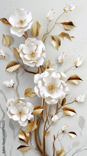3d wallpaper floral tree background with white flower leaves and golden stem. interior wall home decor