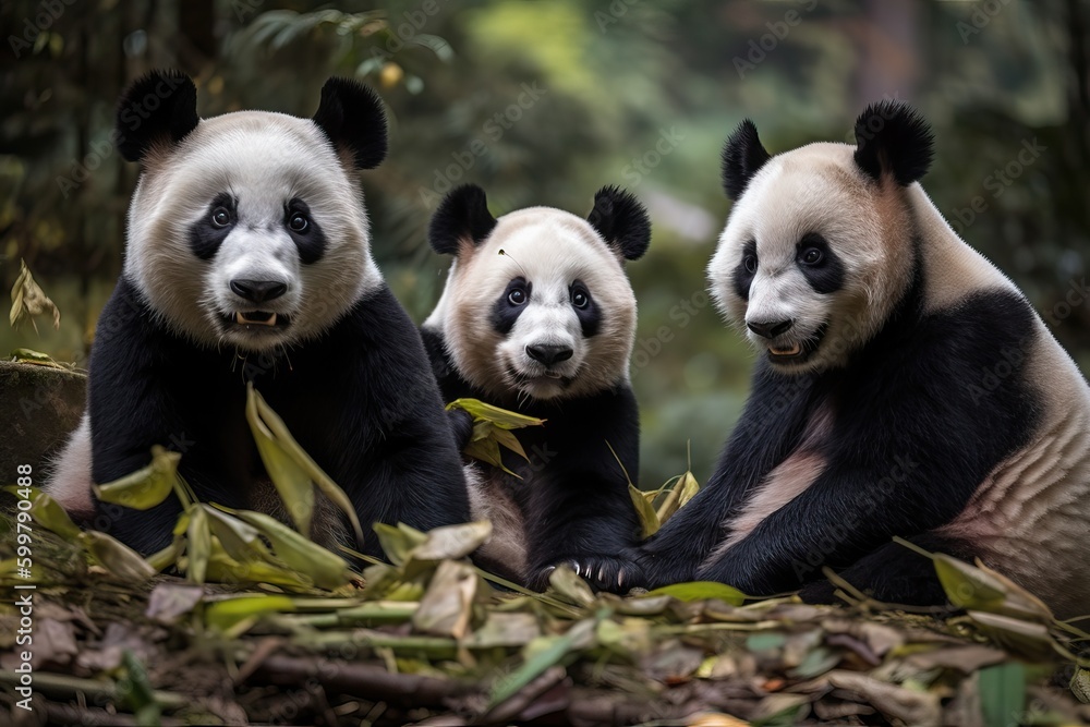 Obraz premium Three pandas are sitting in the park and eating bamboo, generative AI.