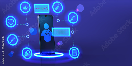 Online doctor. Medicine app technology. Mobile medical healthcare. Consulting and care in phone. Clinic consultation. Glowing smartphone and treatment icons. Vector background concept