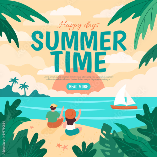 Summer nature. Spring travel background. Couple admiring sea. Cute hills and flower. Beach event banner design. Tropical marine resort. Scenic ocean bay. Vector illustration landscape