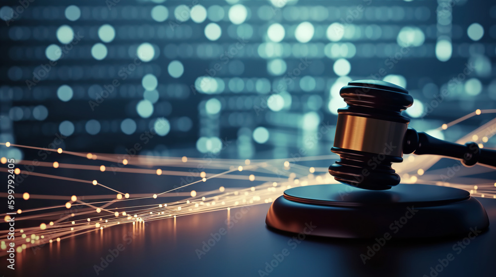 Judge gavel on background of data center. Digital law concept of duality of Judiciary, Jurisprudence and Justice and data in the modern world. Copy space. Based on Generative AI Judge gavel on background of data center. Digital law concept of duality of Judiciary, Jurisprudence and Justice and data in the modern world. Copy space. Based on Generative AI