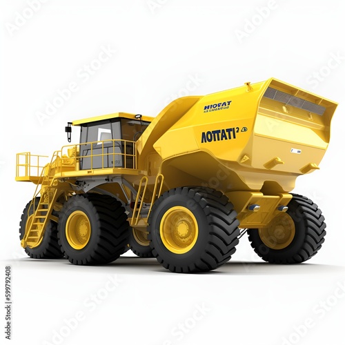 view futuristic Komatsu 980E scifi mining ground vehicle from the passenger side, huge wheels, rick owens, studio lighting, white background, 8k