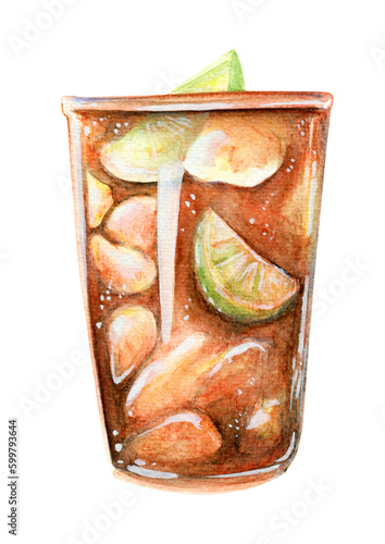 Cuba Libre alcoholic drink watercolor illustration