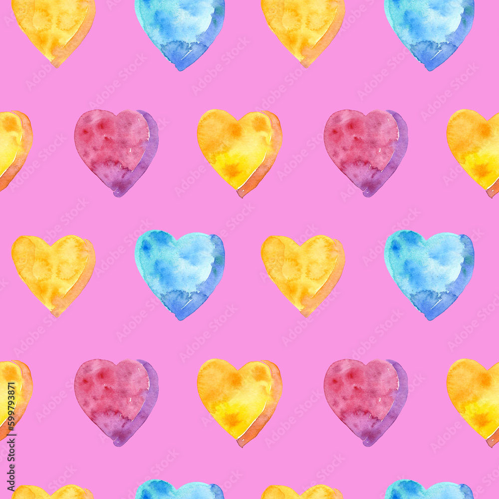 Seamless pattern of watercolor pink, yellow and blue hearts. Hand drawn illustration. Hand painted elements on pink background.