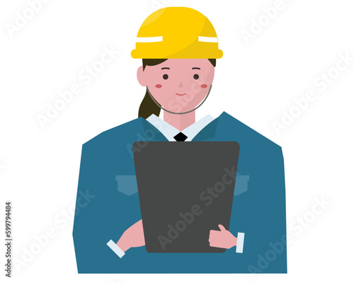 タブレット操作をする作業員の女性。ベクターイラスト