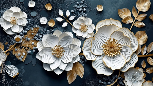 3d mural illustration white & blue background with golden jewelry and flowers, in black decorative wallpaper