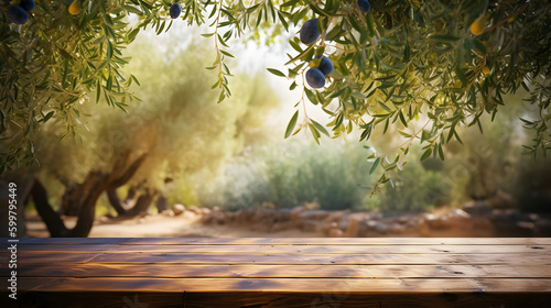Wooden table on the background of olive trees and a farm garden. Summer rustic food product background. Eco, natural, farming concept