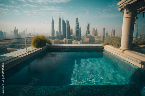 Swimming pool on the roof top of hotel and summer concept. Generative AI.