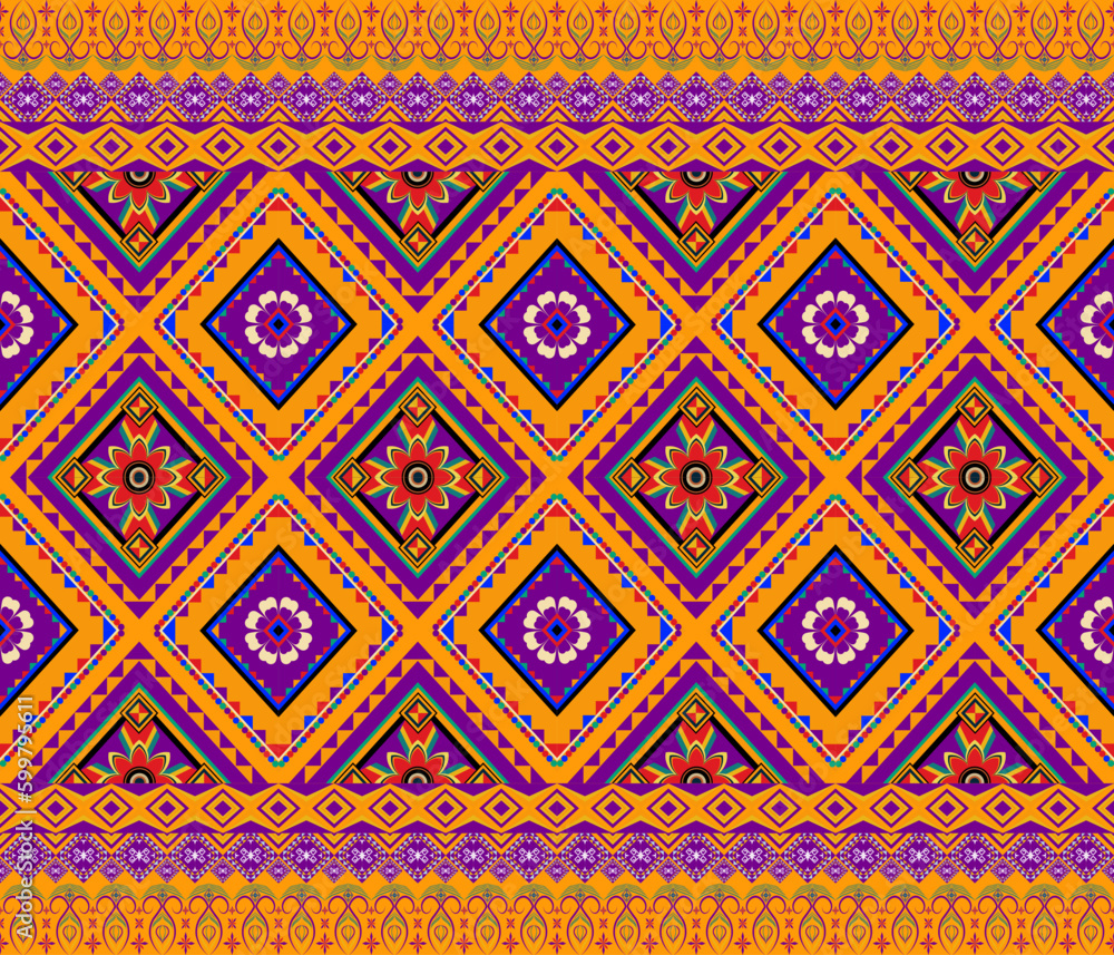 Colorful ethnic folk geometric seamless pattern in orange and purple vector illustration design for fabric, mat, carpet, scarf, wrapping paper, tile and more