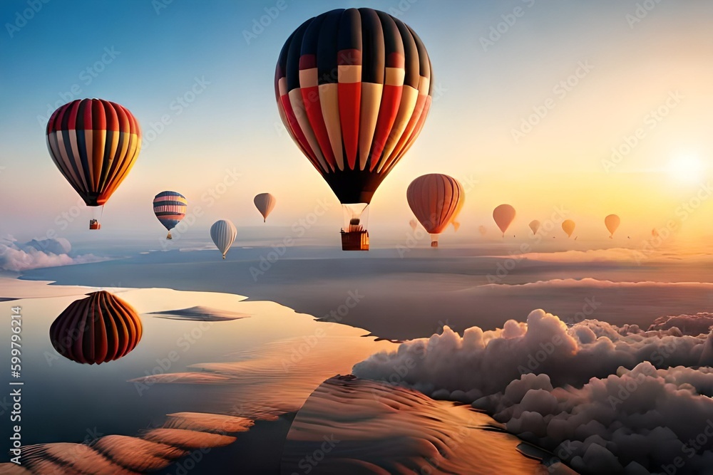 hot air balloon over sunset - obrazy, fototapety, plakaty 
