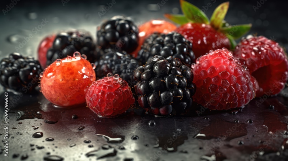 Fresh Mix Berry on black table, Generative AI Fresh Mix Berry on black table, Generative AI