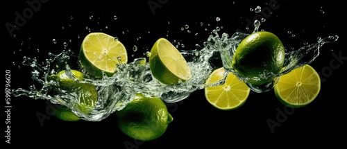 Limes with water splash on black background ,Generative AI