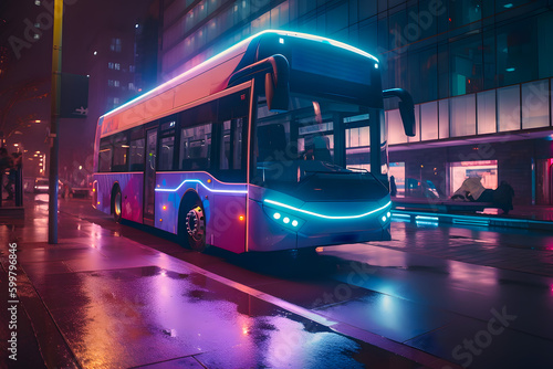 City bus in neon lilac light on the street of the night city of the metropolis. Generative AI.