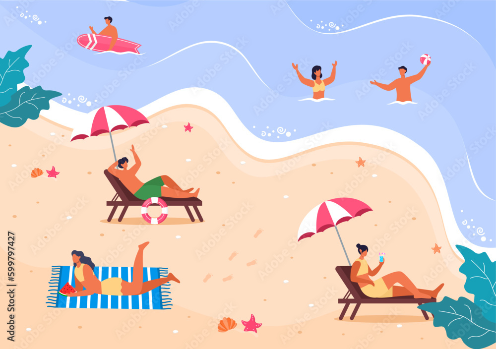 People enjoying summer at beach Illustration 