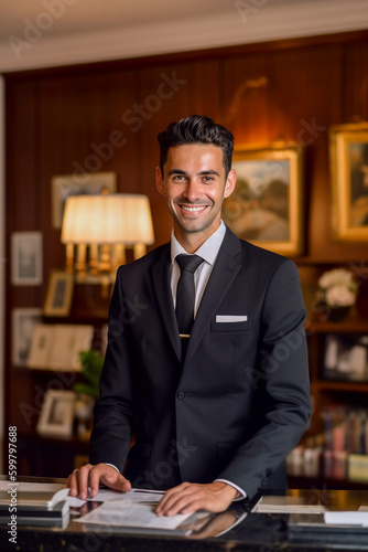A male hotel receptionist is standing behind the reception counter, smiling as he welcomes those who will be checking in. Wear an elegant suit - ai generative