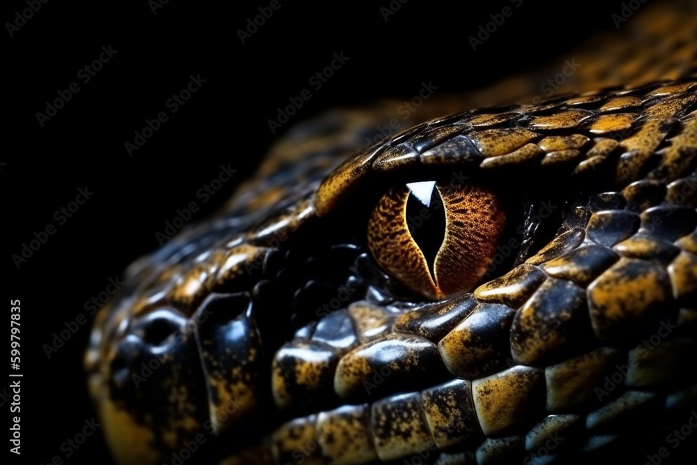 Fototapeta premium Close up of a snake eye, vivid, bold, isolated on black.