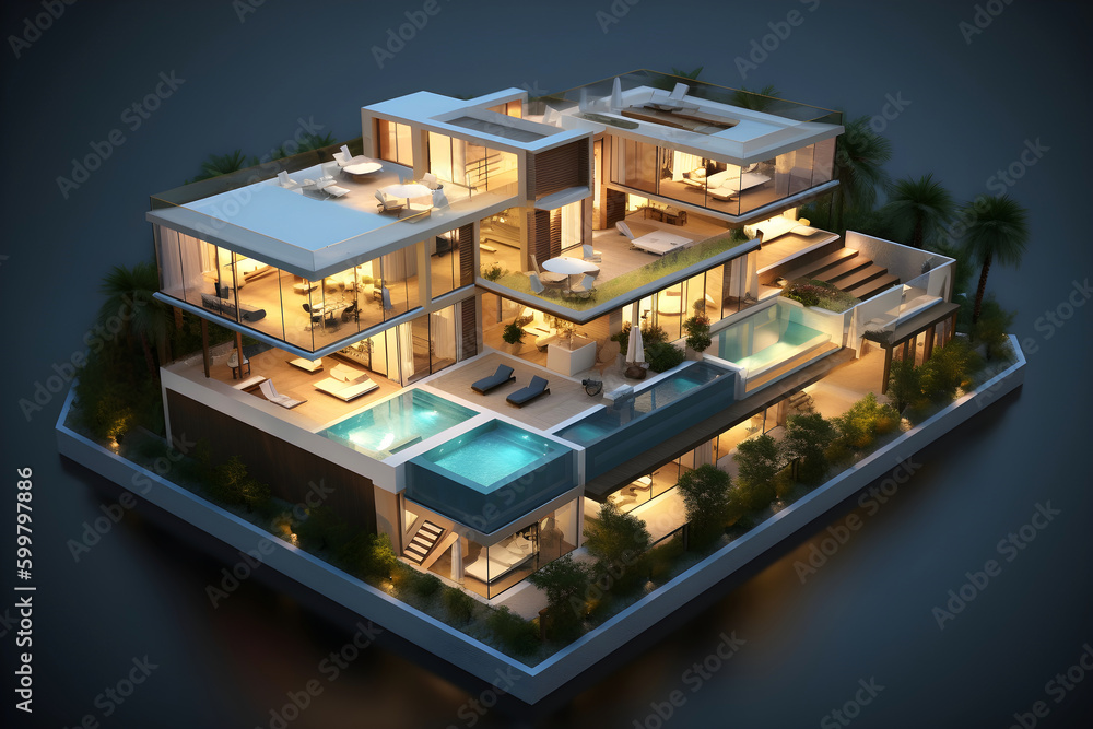 3d model of a residential building with swimming pool. Created with generative AI technology.