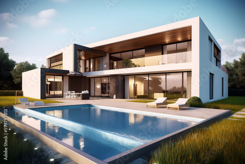 3d model of a residential building with swimming pool. Created with generative AI technology. © HEMINXYLAN