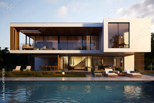 3d model of a residential building with swimming pool. Created with generative AI technology.