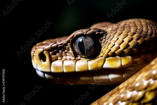 Close up of a snake eye, vivid, bold, isolated on black.