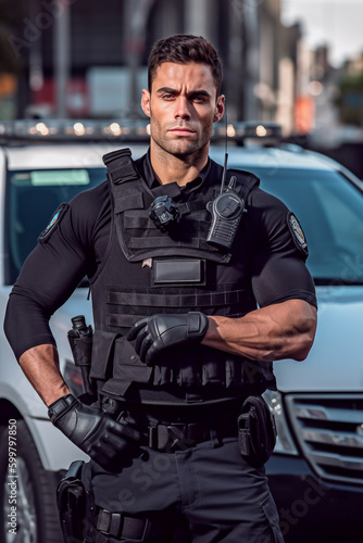 A male police agent wearing a uniform and bulletproof is standing in front of a police car. The environment is a city street with buildings and people in the background - ai generative photo