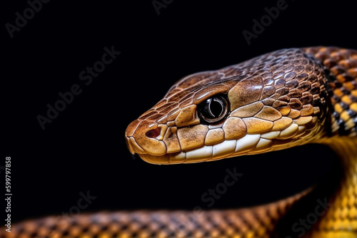 Close up of a snake eye, vivid, bold, isolated on black.