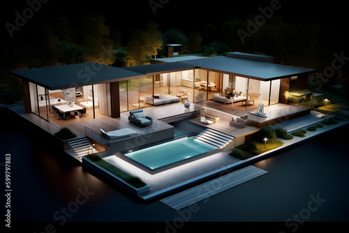 3d model of a residential building with swimming pool. Created with generative AI technology.