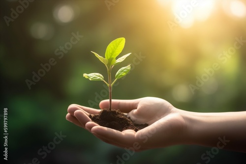 ecology leaf plant life nature care agriculture growth green hand. Generative AI.