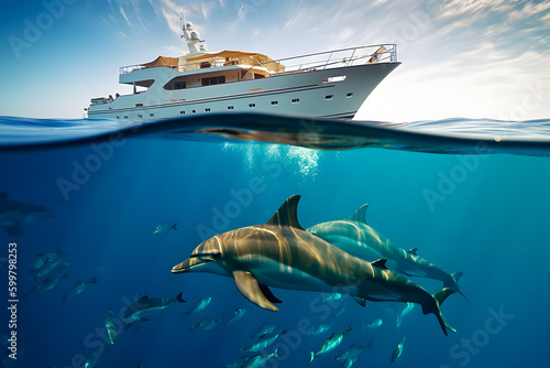 Frisky cheerful dolphins swim underwater, on the surface of an expensive luxury luxury yacht. Generative AI.