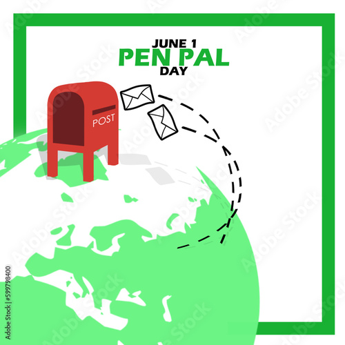 A post box with two letters floating above the earth with bold text in frame on white background to commemorate Pen Pal Day on June 1