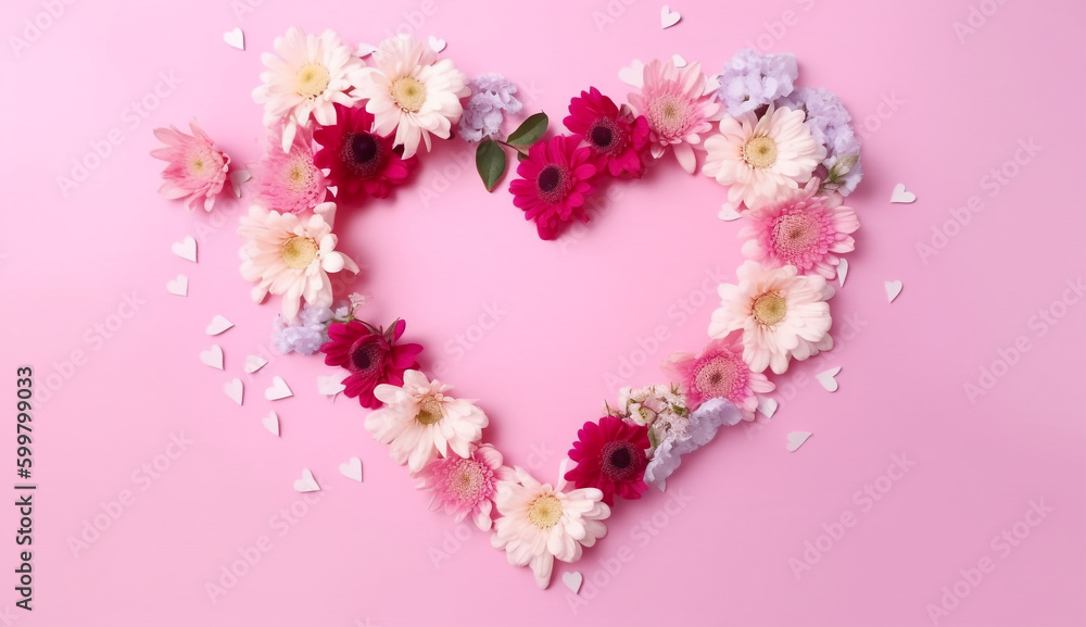 Creative layout with pink flowers, and a paper heart over punchy pastel background. Top view, flat lay. Spring, summer, or garden concept. Present for Woman's Day, Mother's Day