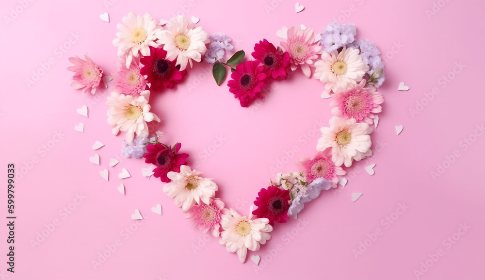 Creative layout with pink flowers, and a paper heart over punchy pastel background. Top view, flat lay. Spring, summer, or garden concept. Present for Woman's Day, Mother's Day Creative layout with pink flowers, and a paper heart over punchy pastel background. Top view, flat lay. Spring, summer, or garden concept. Present for Woman's Day, Mother's Day