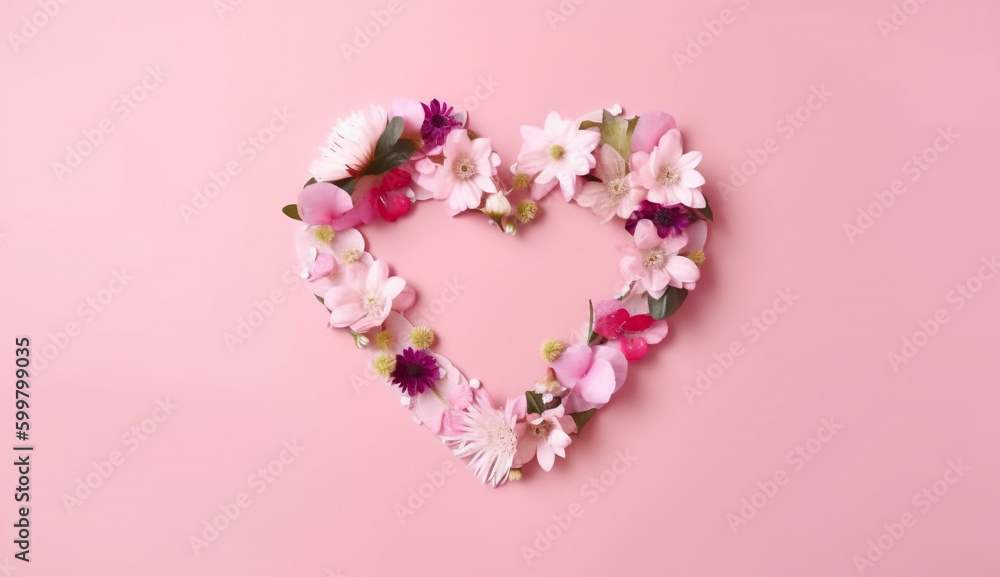 Creative layout with pink flowers, and a paper heart over punchy pastel background. Top view, flat lay. Spring, summer, or garden concept. Present for Woman's Day, Mother's Day Creative layout with pink flowers, and a paper heart over punchy pastel background. Top view, flat lay. Spring, summer, or garden concept. Present for Woman's Day, Mother's Day