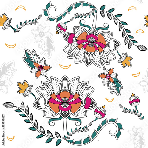Seamless Madhubani style lotus pattern. Indian theme design photo