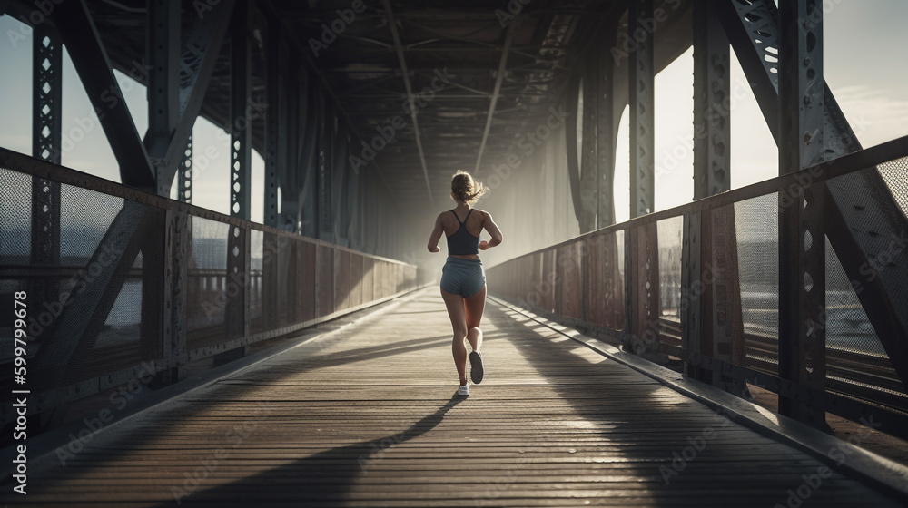 woman running on a bridge with the sun shining through the fog. Generative Ai woman running on a bridge with the sun shining through the fog. Generative Ai