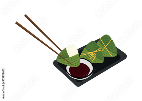 Zongzi, soy sauce and chopsticks on a plate. Traditional Chinese Dragon Boat Festival food. Duanwu holiday. Chinese dish stuffed rice wrapped in bamboo leaf