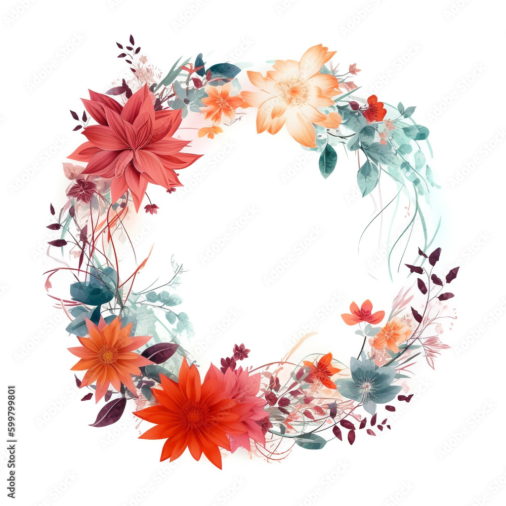 watercolor wreath of flowers on a white background. Generative Ai