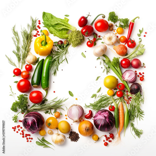 circle of vegetables and herbs on a white background