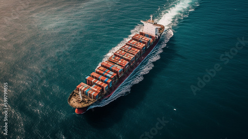 aerial view of a container ship in the ocean. Generative Ai