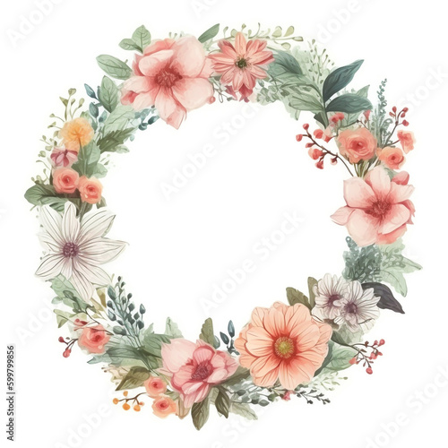 watercolor floral wreath with pink flowers and green leaves. Generative Ai