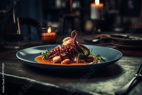  plate of food with octopus and other food items on it. Generative Ai