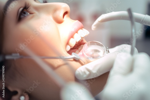 woman getting her teeth cleaned by a dentist. Generative Ai