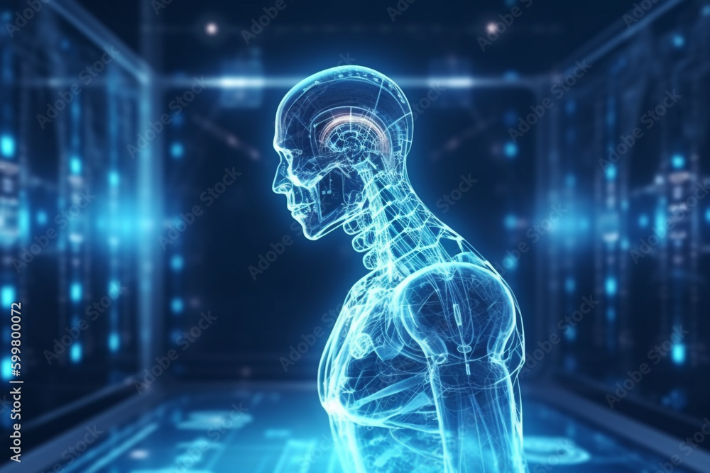 new medical technologies for the study of the human body. human head in front of a computer screen. Generative Ai new medical technologies for the study of the human body. human head in front of a computer screen. Generative Ai